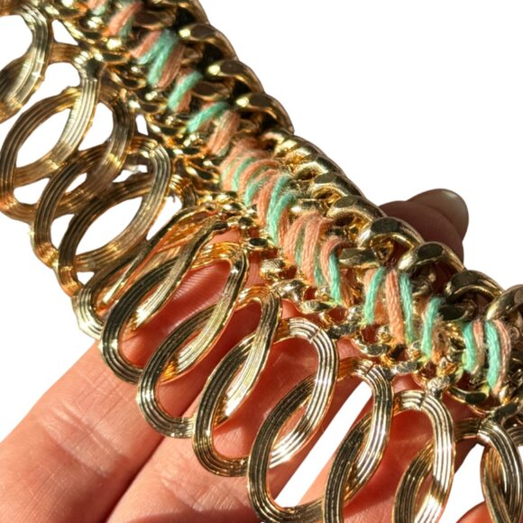 Vintage ALDO Gold-Tone Interlocking Ring Fringe Statement Bib Necklace - Picture 5 of 8